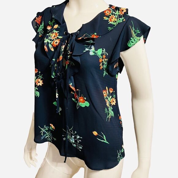 MINE Navy Blue Floral Lace-up-Front Blouse with Cap Sleeve size Small - Picture 4 of 5